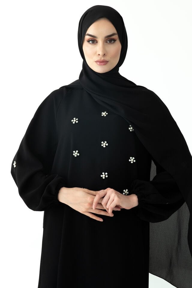 Taş İşlemeli Balon Kol Elbise