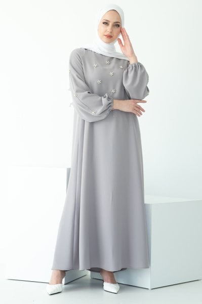 Taş İşlemeli Balon Kol Elbise