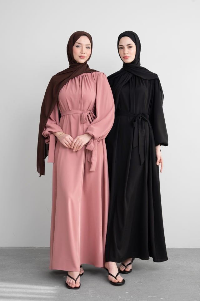 Leydi Elbise Kuşaklı Bilekleri Kurdela Detaylı Pudra