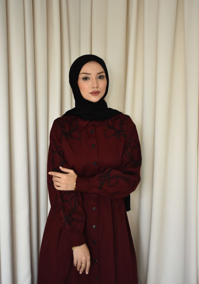 Nakışlı Elbise - Bordo
