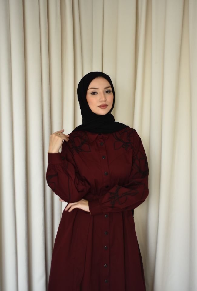 Nakışlı Elbise - Bordo