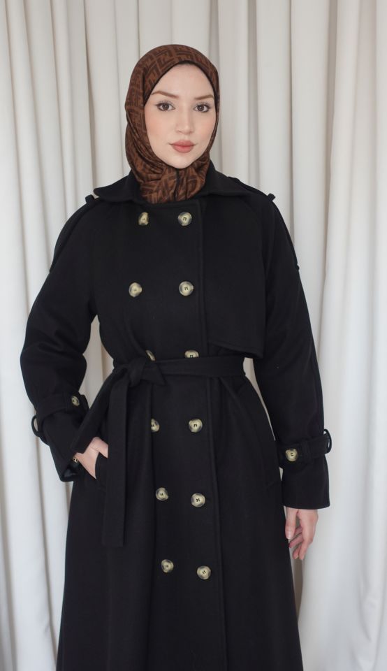 Düğmeli Kaşe Kaban - Siyah