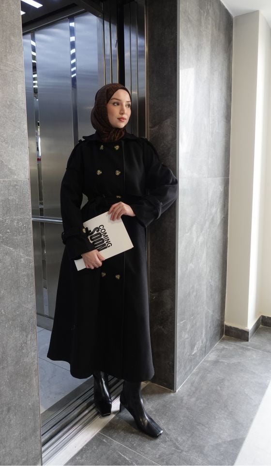 Düğmeli Kaşe Kaban - Siyah