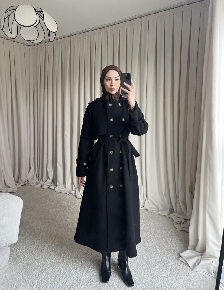 Düğmeli Kaşe Kaban - Siyah