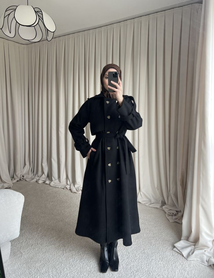 Düğmeli Kaşe Kaban - Siyah