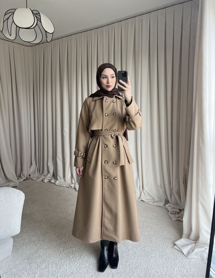 Düğmeli Kaşe Kaban - Vizon