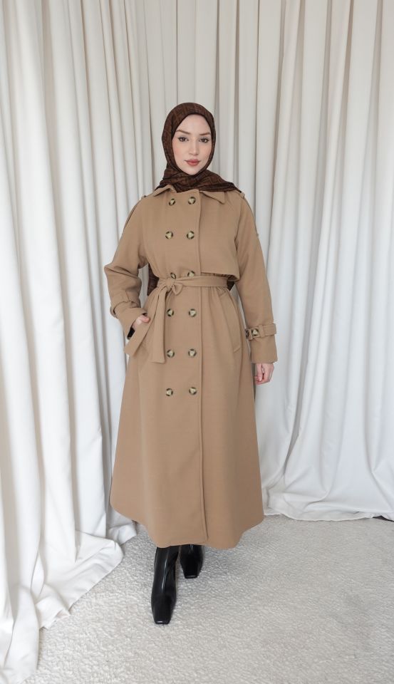 Düğmeli Kaşe Kaban - Vizon