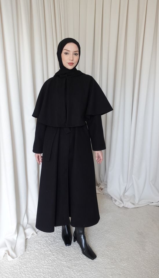 Pelerinli Kaşe Kaban - Siyah