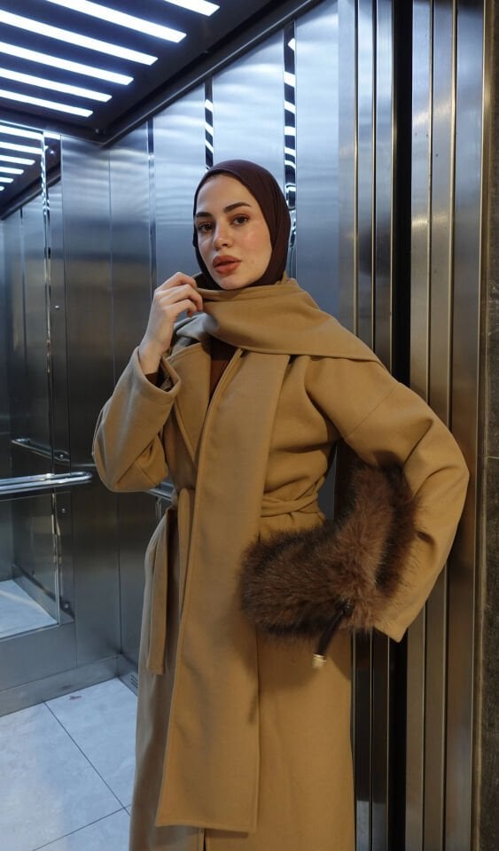 Oversize Atkılı Kaşe Kaban - Vizon