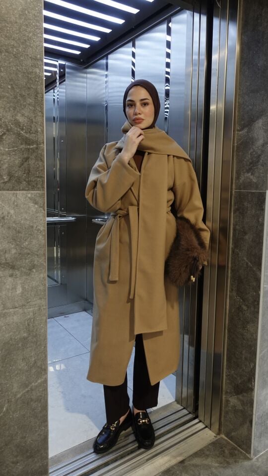 Oversize Atkılı Kaşe Kaban - Vizon