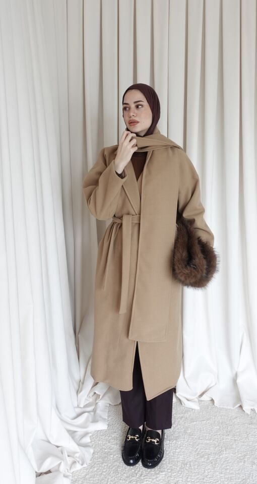 Oversize Atkılı Kaşe Kaban - Vizon