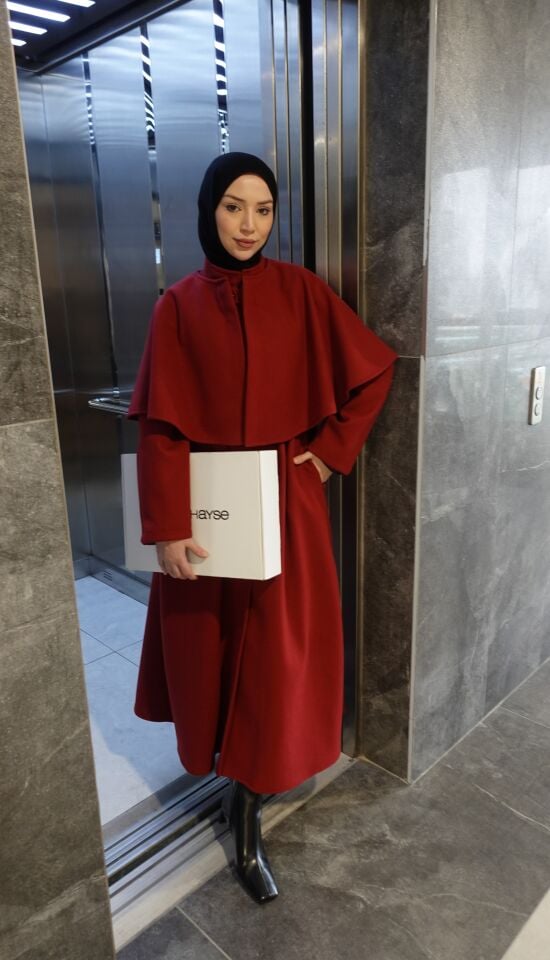 Pelerinli Kaşe Kaban - Kırmızı