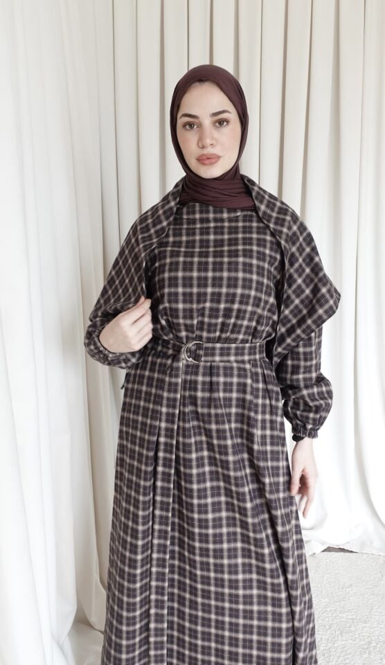 Ekoseli Şallı Elbise - Kahve