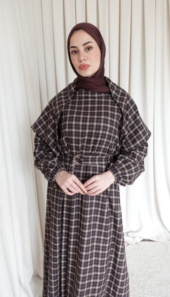 Ekoseli Şallı Elbise - Kahve