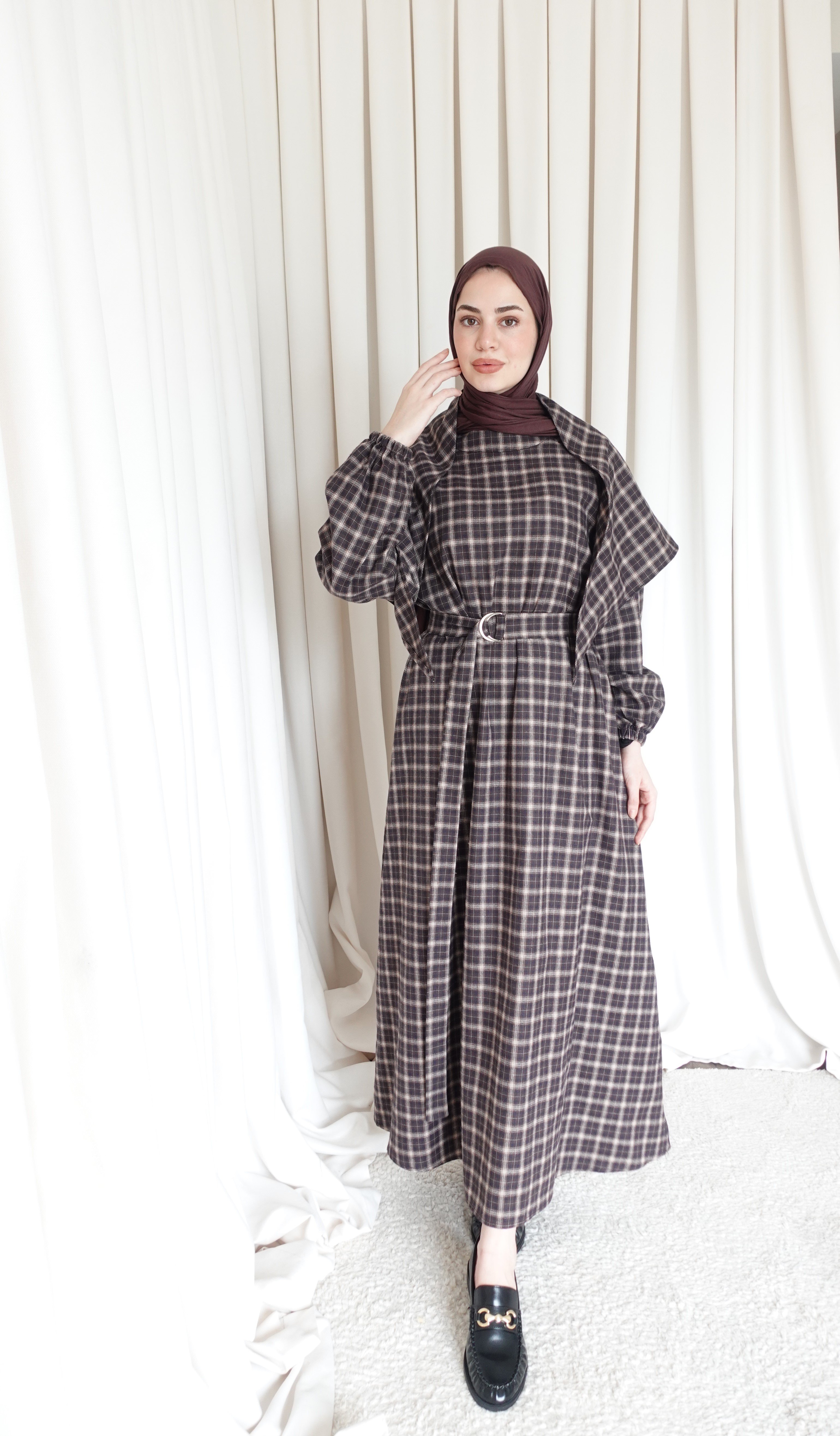 Ekoseli Şallı Elbise - Kahve