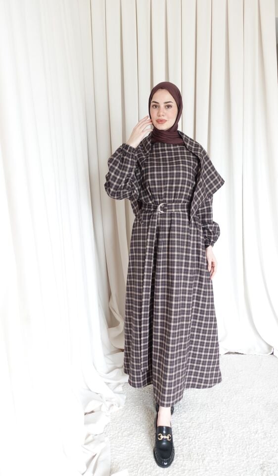 Ekoseli Şallı Elbise - Kahve