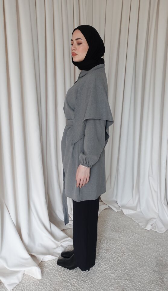 Şallı Oversize Gömlek - Gri