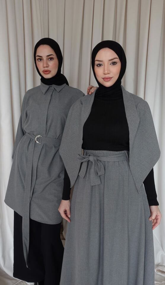 Şallı Oversize Gömlek - Gri