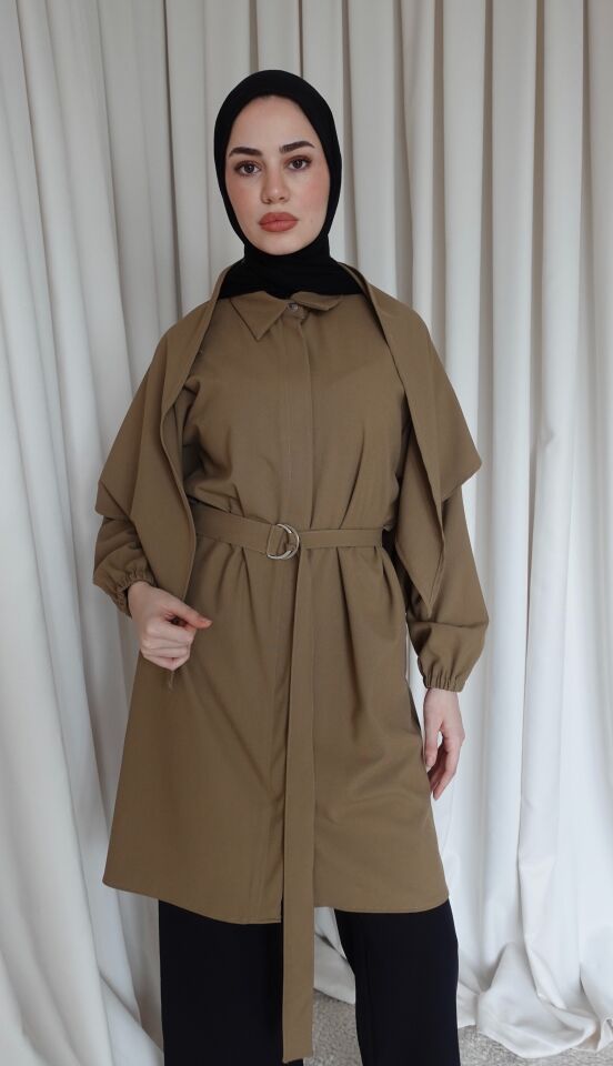 Şallı Oversize Gömlek - Camel