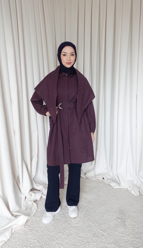 Şallı Oversize Kareli Gömlek - Kırmızı