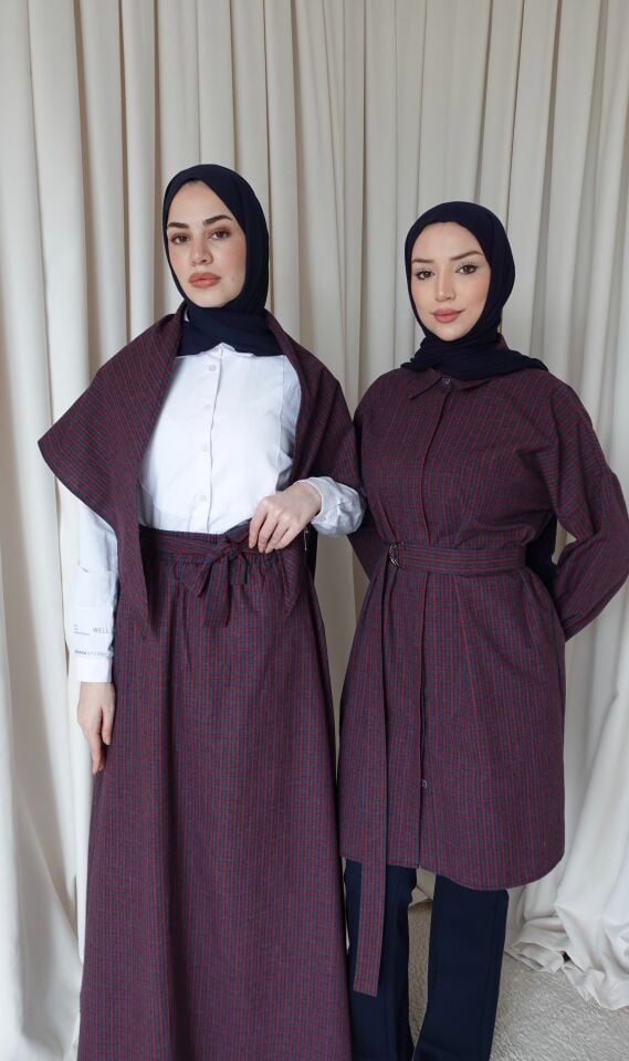 Şallı Oversize Kareli Gömlek - Kırmızı