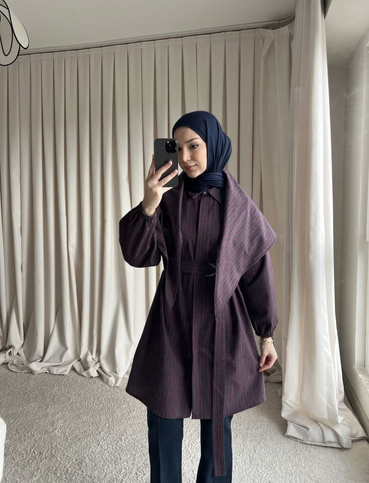 Şallı Oversize Kareli Gömlek - Kırmızı