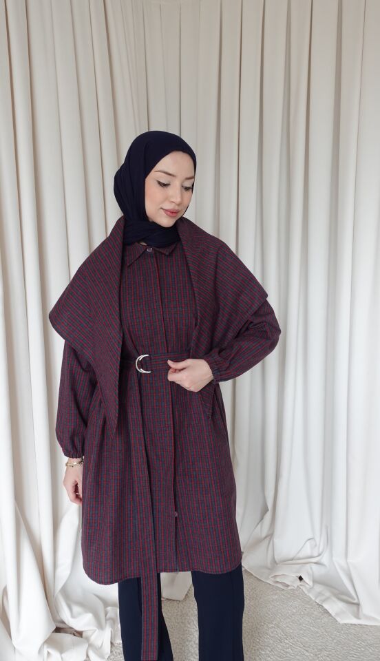 Şallı Oversize Kareli Gömlek - Kırmızı