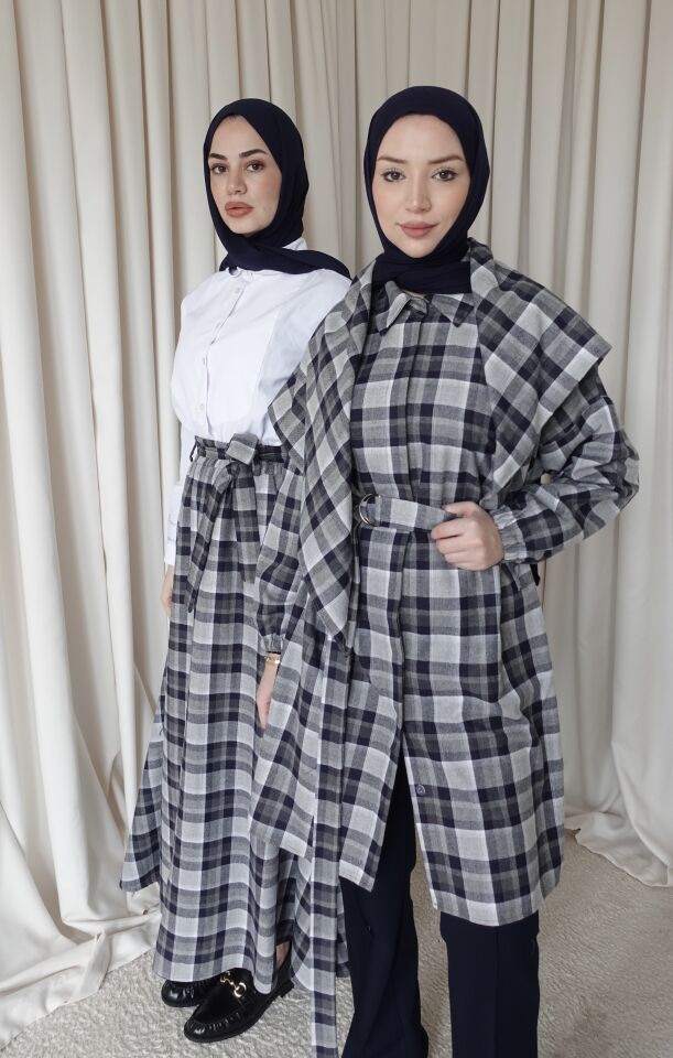 Şallı Oversize Gömlek - Ekoseli Lacivert