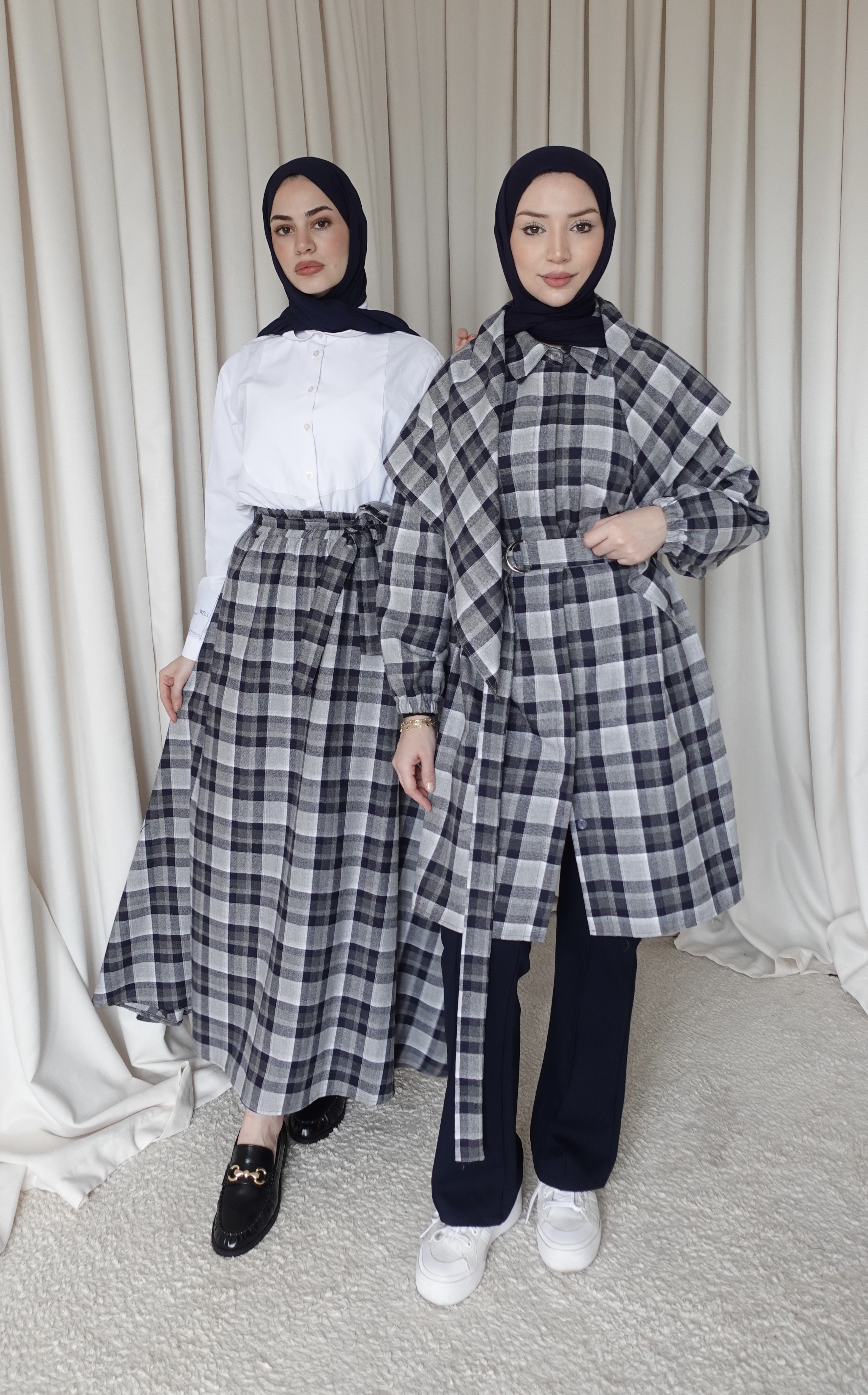 Şallı Oversize Gömlek - Ekoseli Lacivert