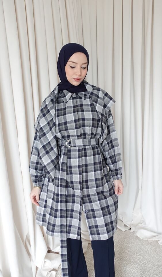 Şallı Oversize Gömlek - Ekoseli Lacivert