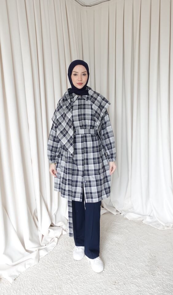Şallı Oversize Gömlek - Ekoseli Lacivert