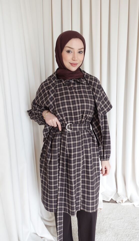 Şallı Oversize Gömlek - Ekoseli Kahve