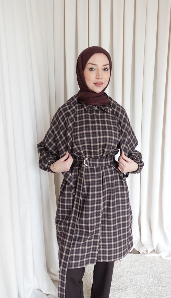 Şallı Oversize Gömlek - Ekoseli Kahve