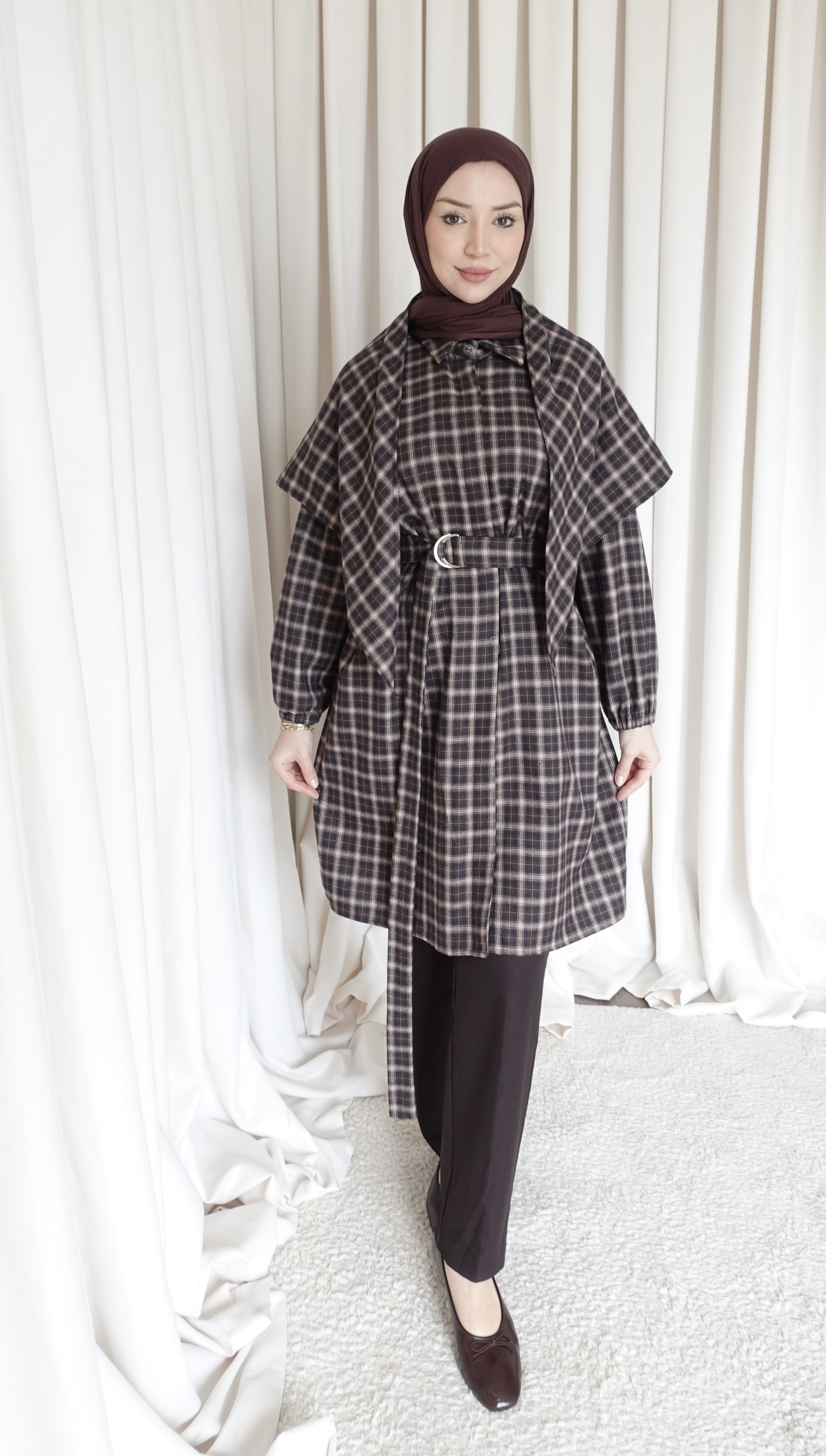 Şallı Oversize Gömlek - Ekoseli Kahve