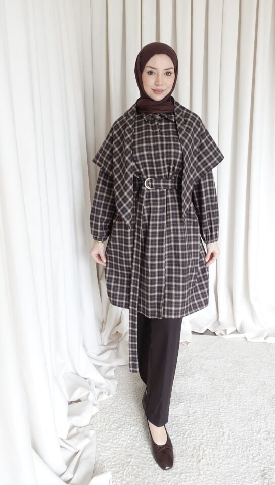 Şallı Oversize Gömlek - Ekoseli Kahve