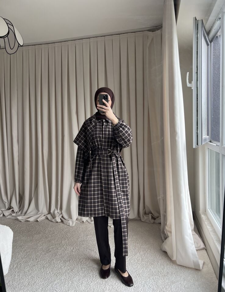 Şallı Oversize Gömlek - Ekoseli Kahve