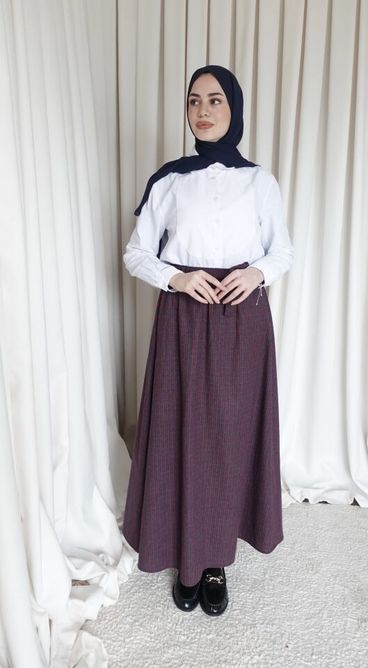 Kuşaklı Kareli Etek - Kırmızı