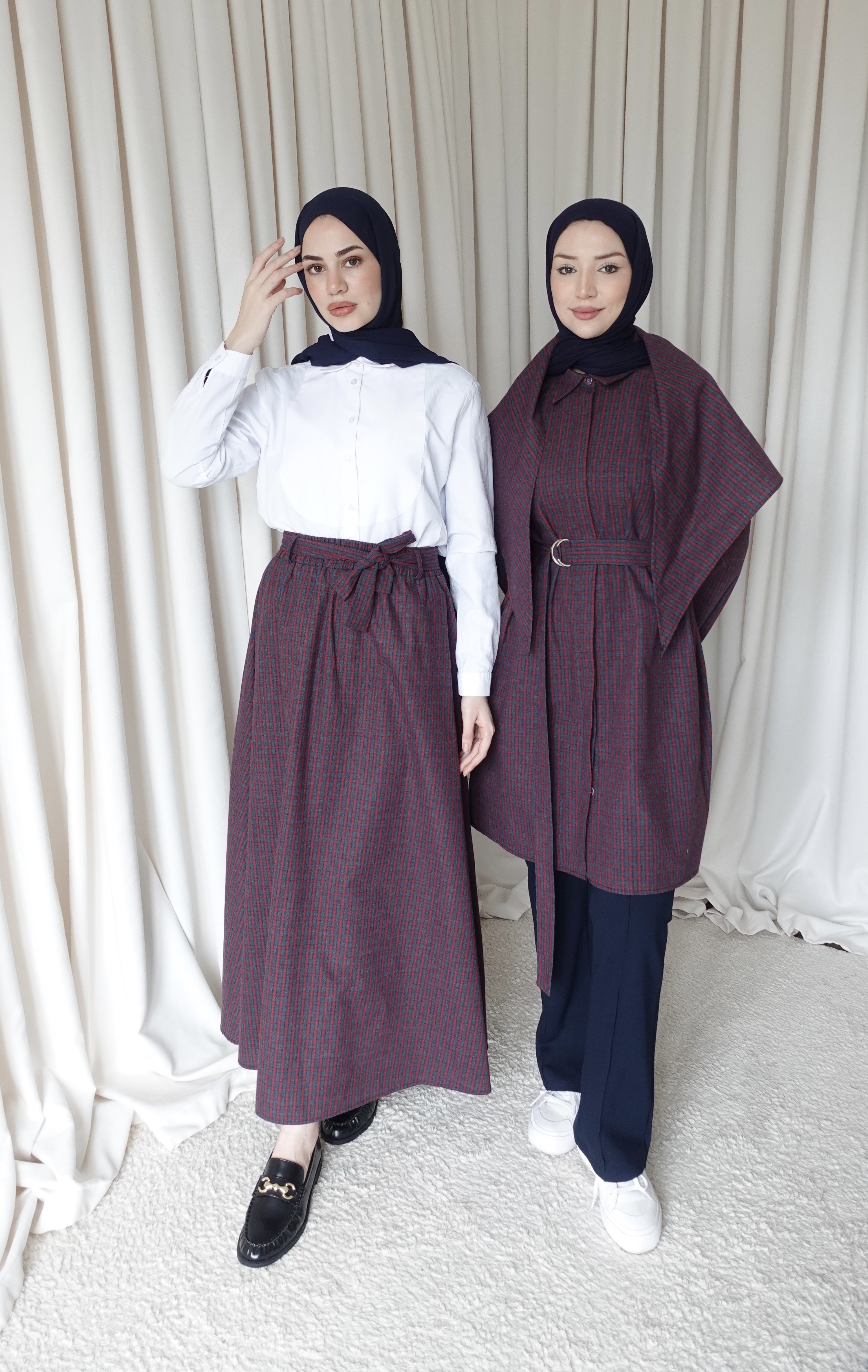 Kuşaklı Kareli Etek - Kırmızı