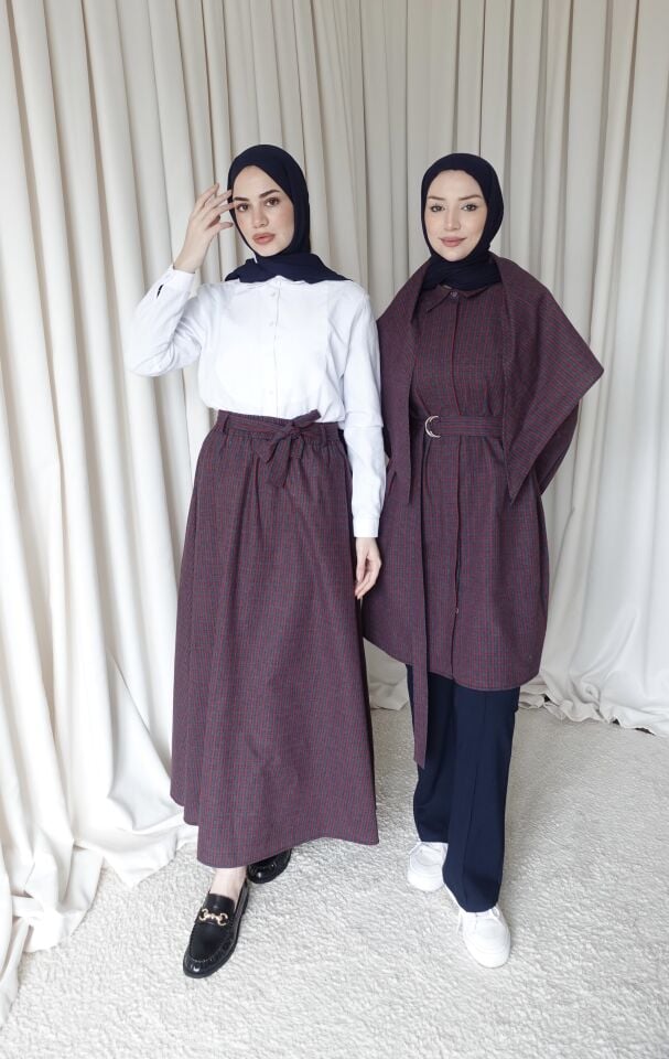 Kuşaklı Kareli Etek - Kırmızı