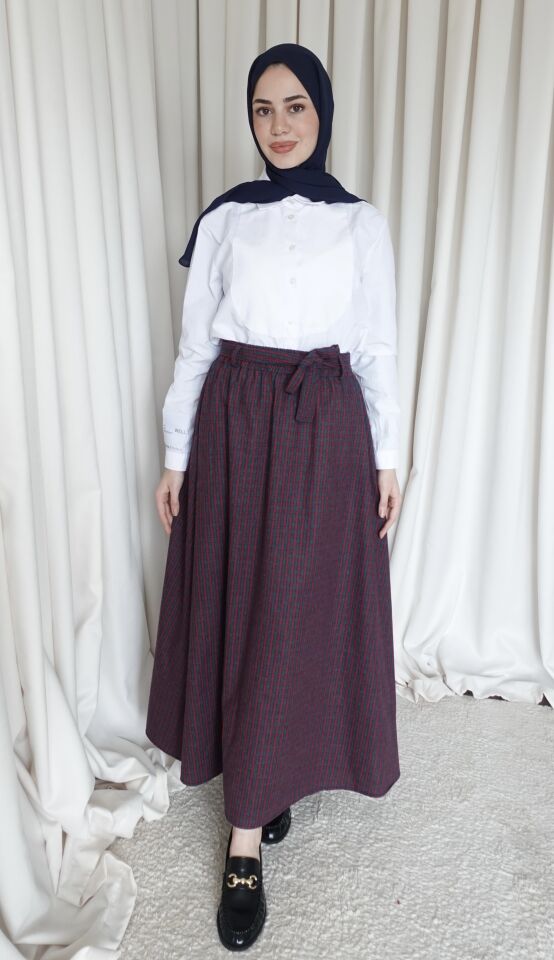 Kuşaklı Kareli Etek - Kırmızı