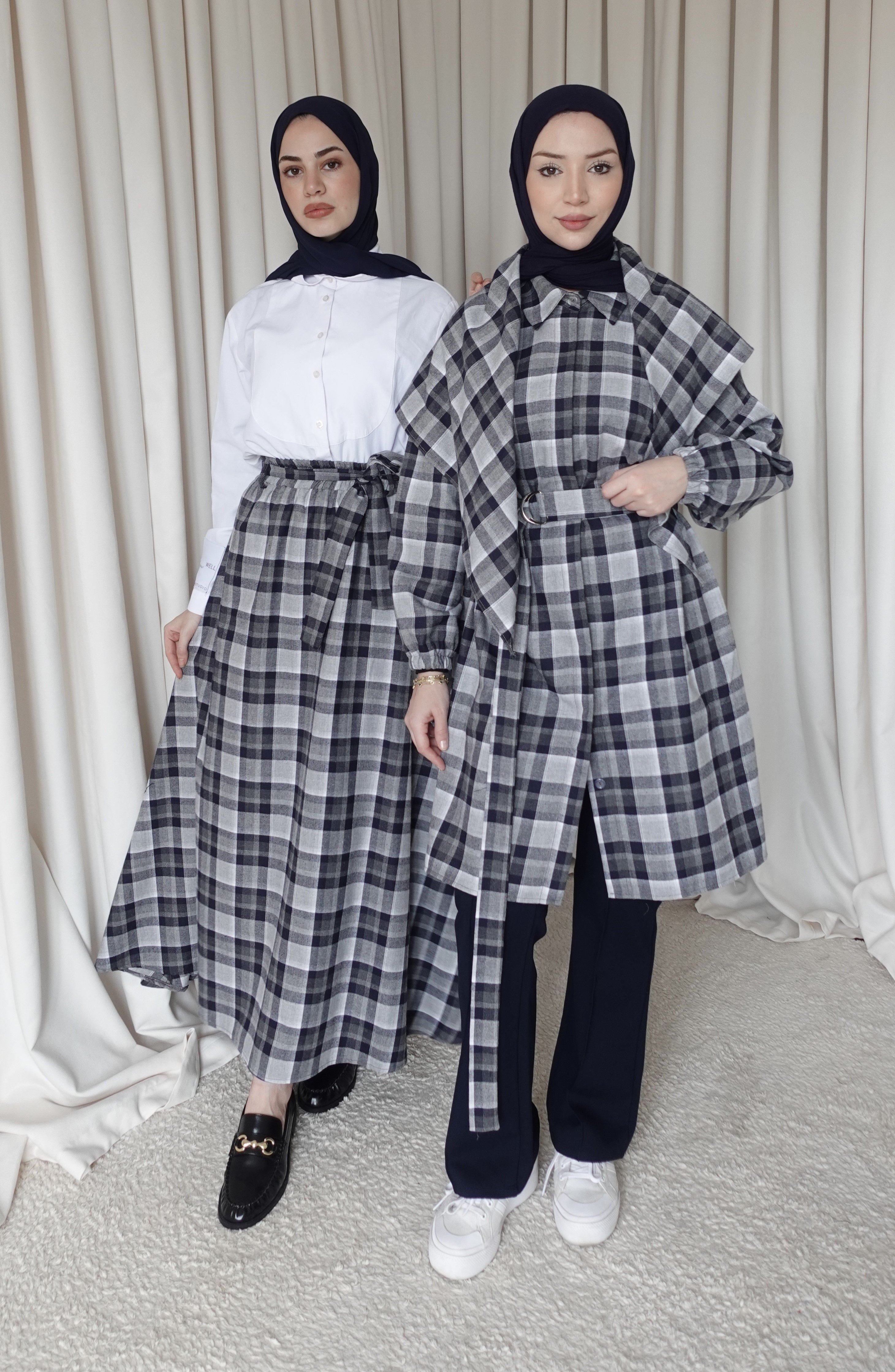 Kuşaklı Etek - Ekoseli Lacivert