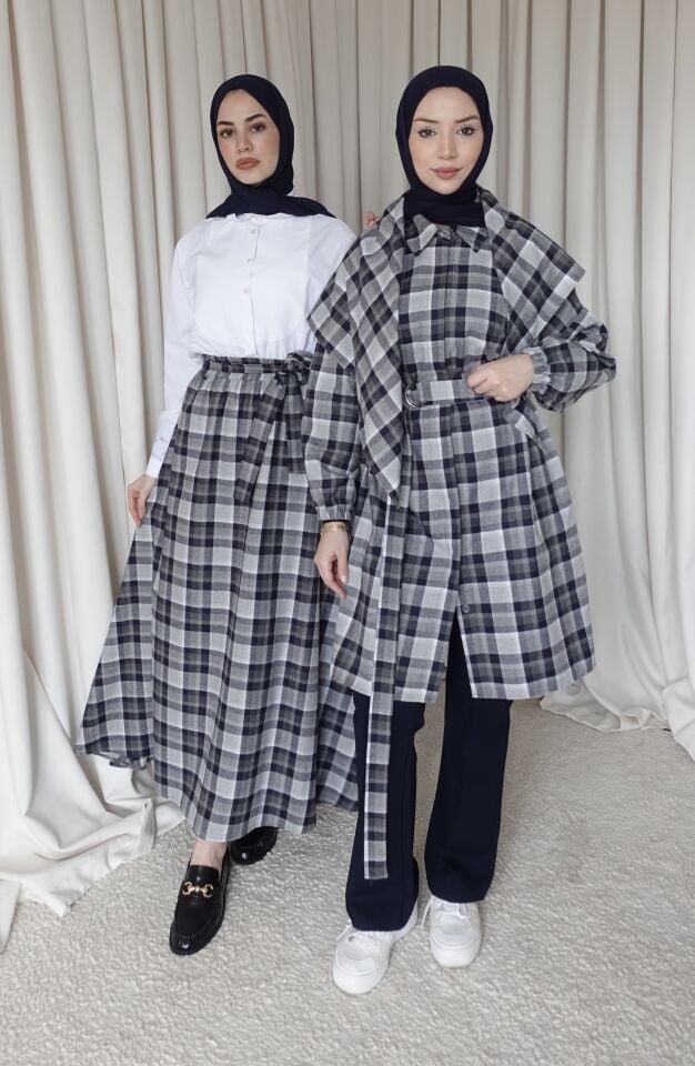 Kuşaklı Etek - Ekoseli Lacivert