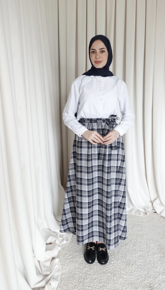 Kuşaklı Etek - Ekoseli Lacivert