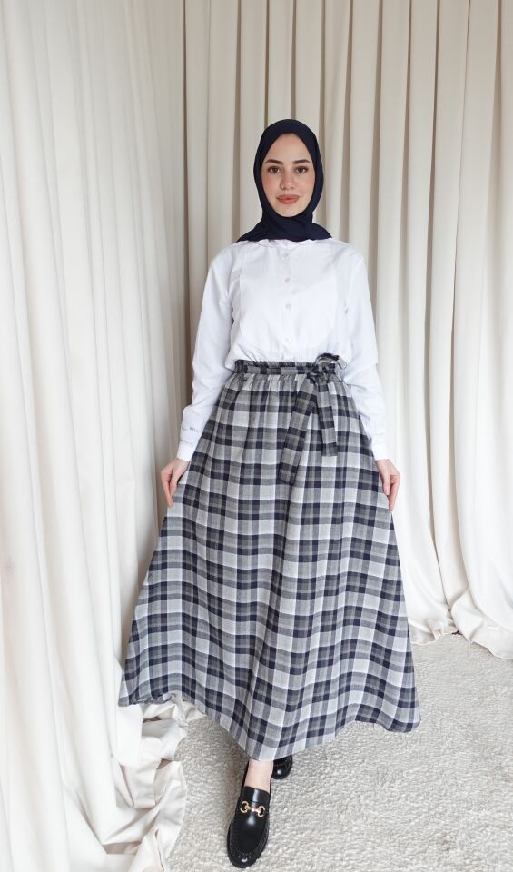 Kuşaklı Etek - Ekoseli Lacivert