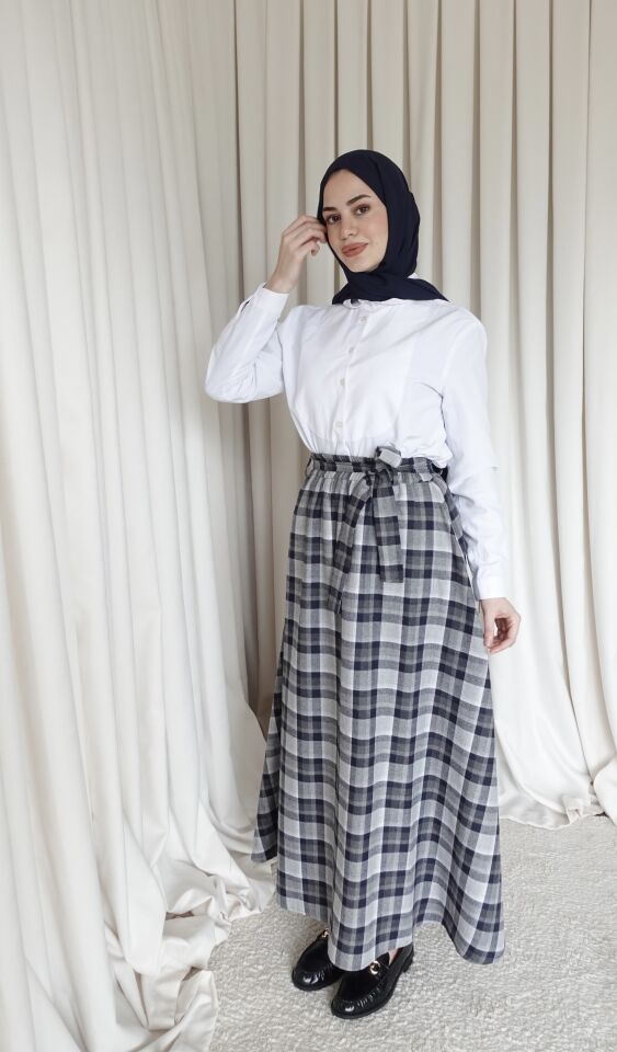 Kuşaklı Etek - Ekoseli Lacivert