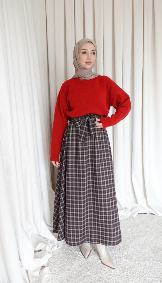 Kuşaklı Etek - Ekoseli Kahve