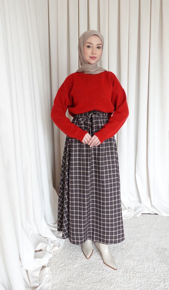 Kuşaklı Etek - Ekoseli Kahve