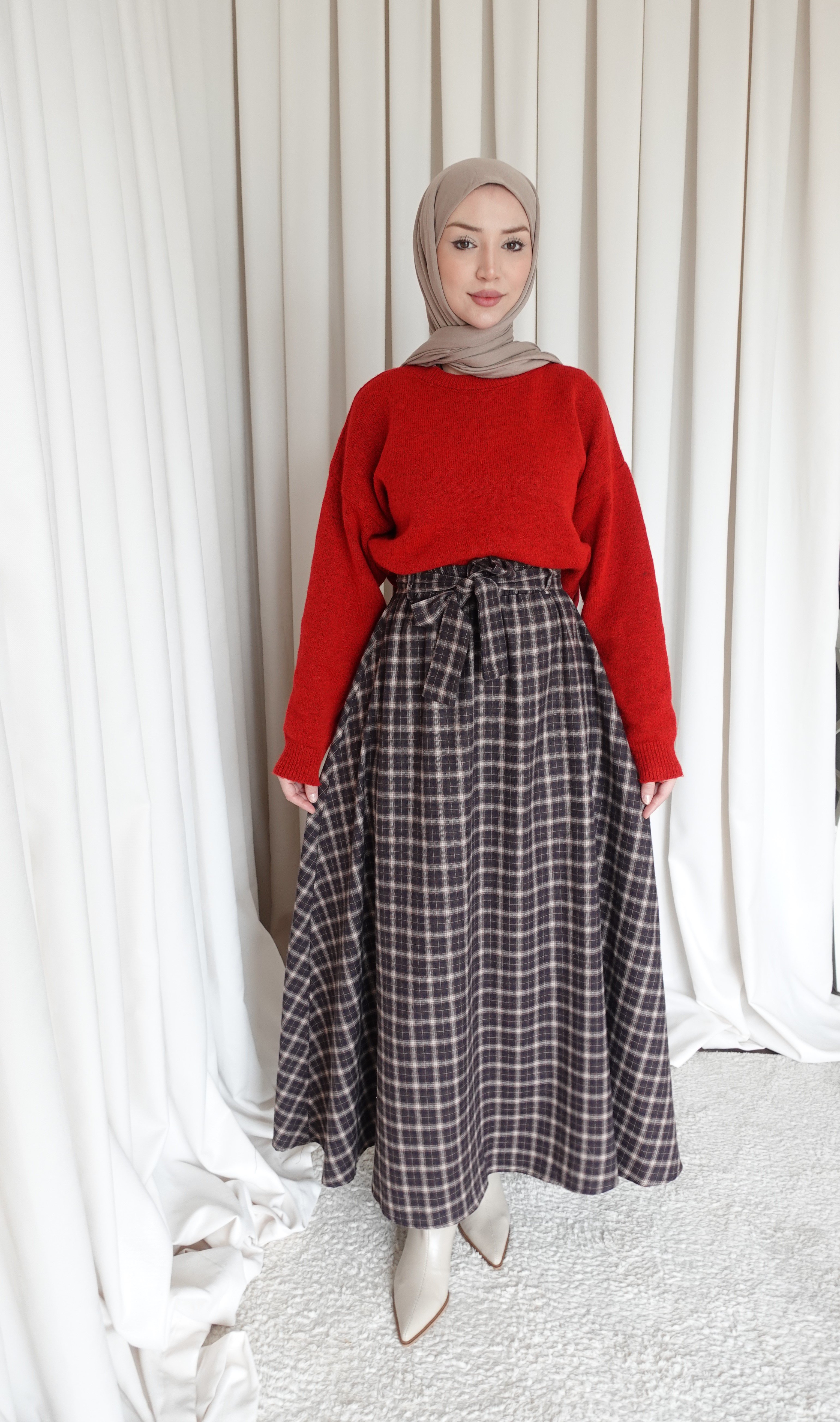 Kuşaklı Etek - Ekoseli Kahve