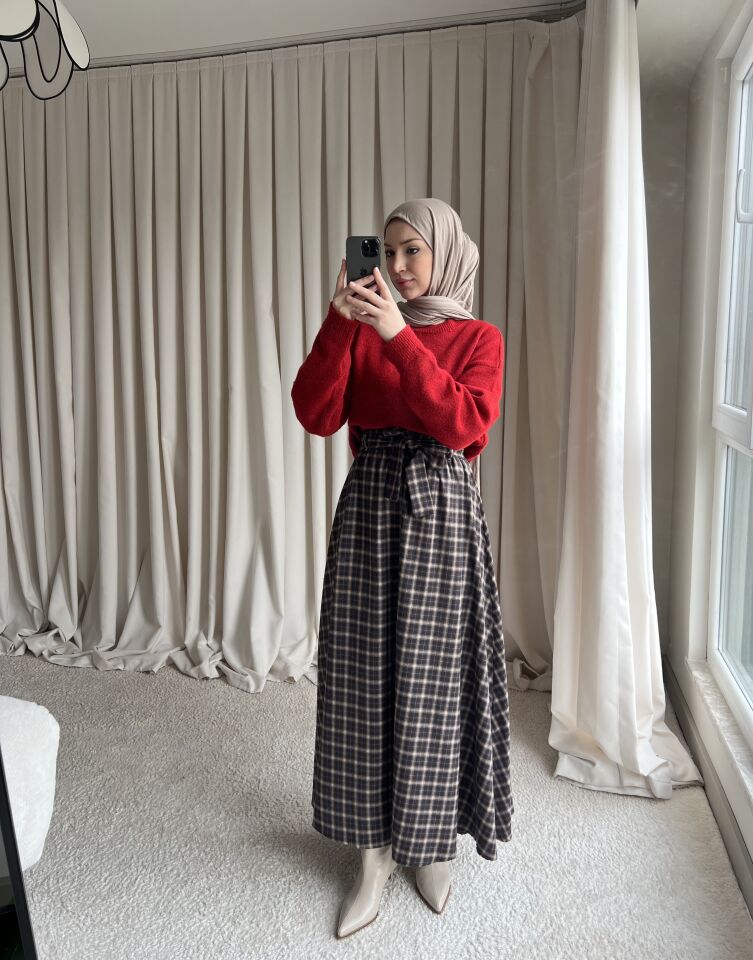 Kuşaklı Etek - Ekoseli Kahve