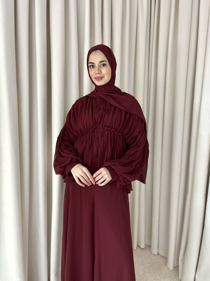 Şifon Bol Pantolonlu İkili Takım - Bordo